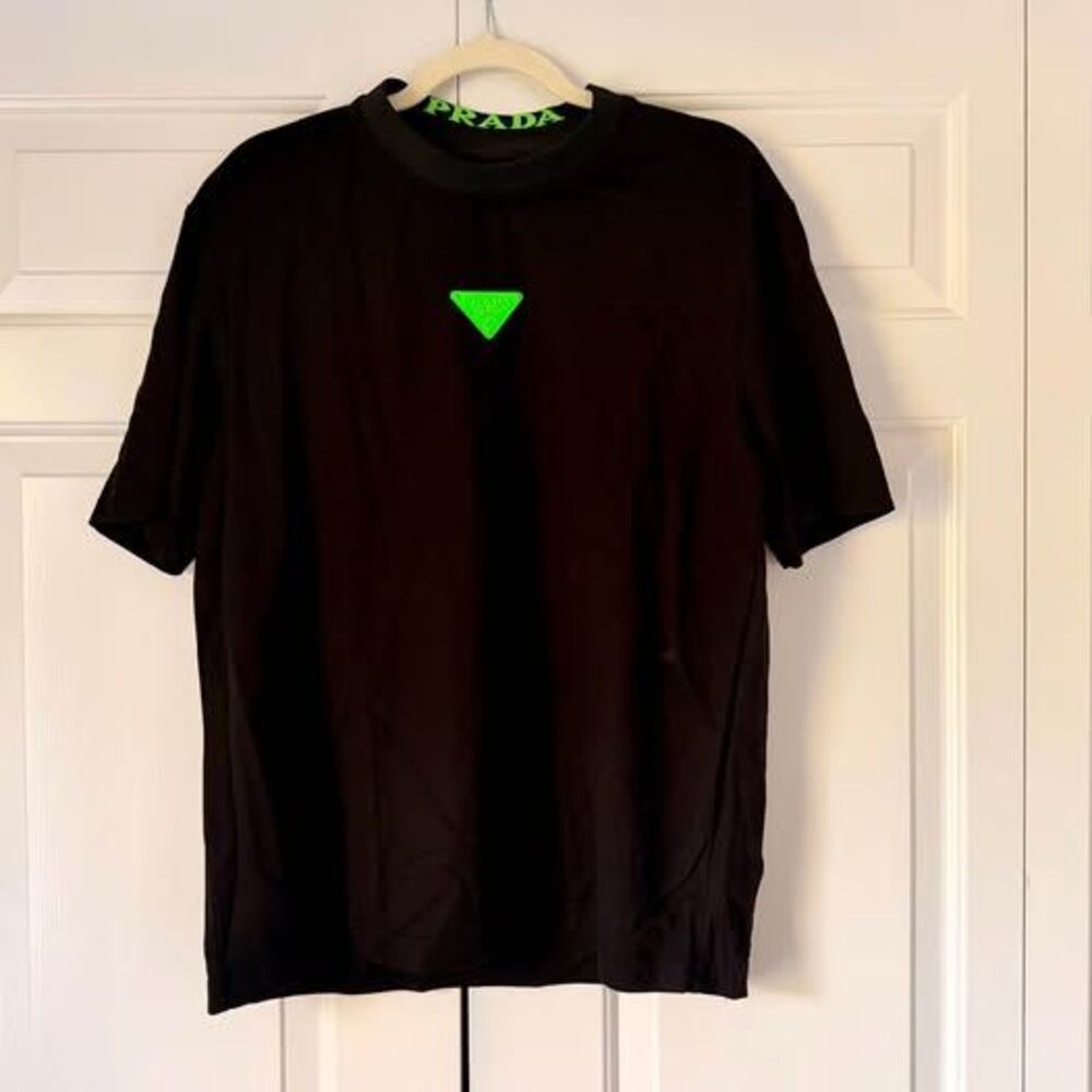 Prada Re-Nylon Black Neon Green Triangle Logo Oversized Tee L